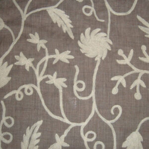 Crewel Fabric Floral Vine White on Dark Melange Wool