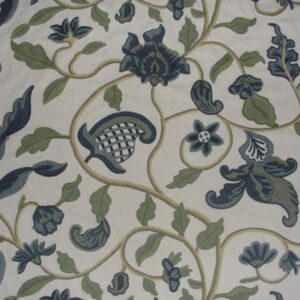 Crewel Fabric Hearty Florals Blues on Off White Cotton Duck