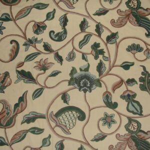 Crewel Fabric Hearty Florals Greens on Butter Khaki Cotton Duck
