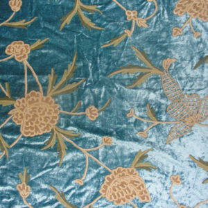 Crewel Fabric Leafy Vine Turquoise Cotton Viscose Velvet