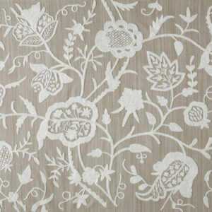 Crewel Fabric Lotus White on Brown Stria Cotton