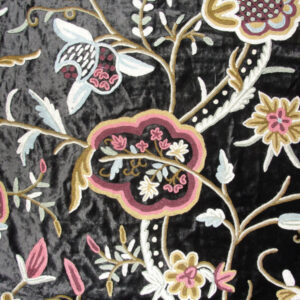 Crewel Fabric Lotus Classic Mint Black Cotton Viscose Velvet