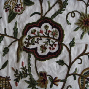 Crewel Fabric Lotus Classic Forest Colors on Off White Cotton Duck