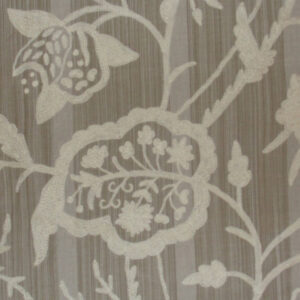 Crewel Fabric Lotus White on Brown Stria Cotton