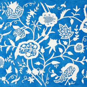 Crewel Fabric Lotus White on Mayo Blue Cotton Velvet