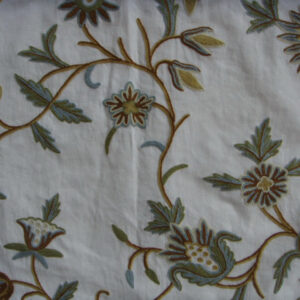 Crewel Fabric Marigold Vine Forest Colors on Off White Cotton Duck