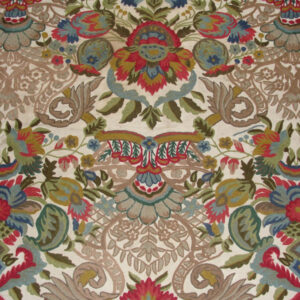 Crewel Fabric Pagoda Jewel Tones on Cream Cotton Duck