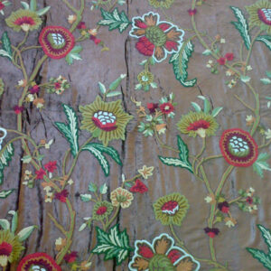 Crewel Fabric Shalimar Modern Forest colors on Off White Cotton