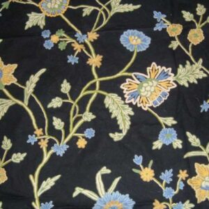 Crewel Fabric Shalimar Bright Blues on Black Cotton Duck