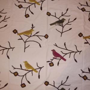 Crewel Fabric Sparrows on Twigs Light Off White Cotton