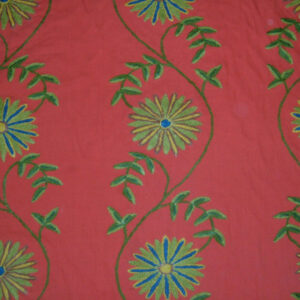 Crewel Fabric Sunflower Vine Red Cotton