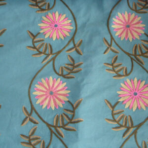 Crewel Fabric Sunflower Vine Teal Blue Cotton Duck