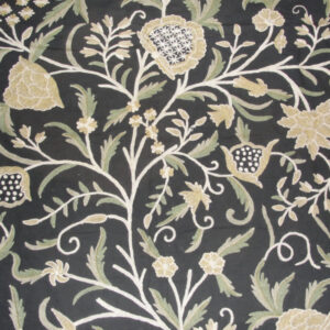 Crewel Fabric Tree of Life Green and beige on Black Grapes Cotton
