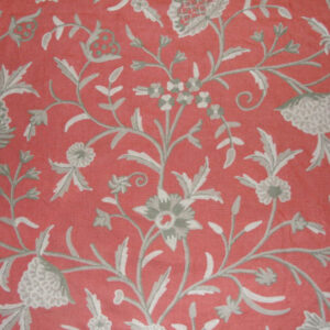 Crewel Fabric Tree of Life Neutrals on Bright Coral Linen