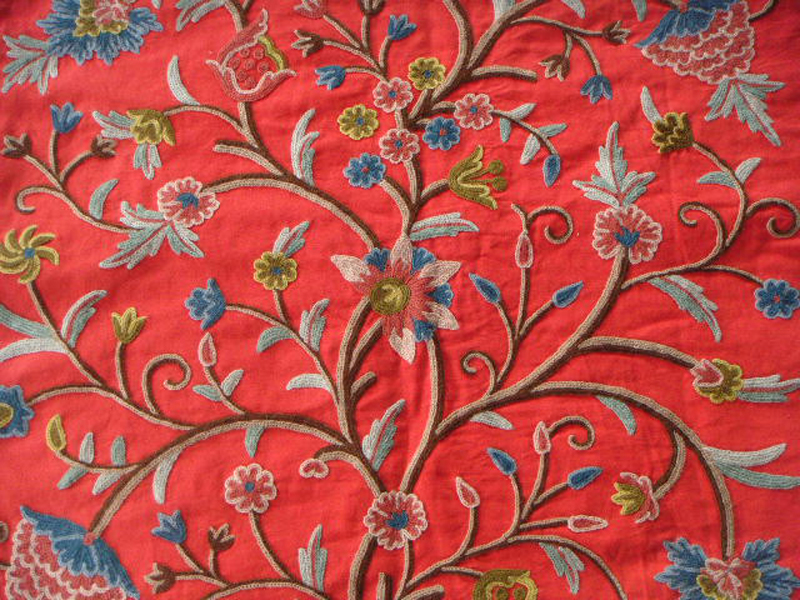 Crewel Fabric Tree of Life Multi Color on Exotic Red Cotton Duck
