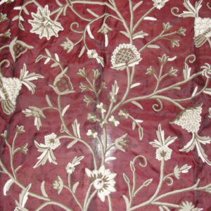 Crewel Fabric Tree of Life Neutrals on Vermilion Silk Organza