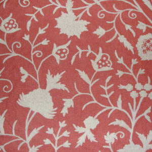 Crewel Fabric Tree of Life White on Bright Coral Linen