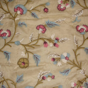 Crewel Fabric Winter Time Blues and Pinks on Raw Silk Organza