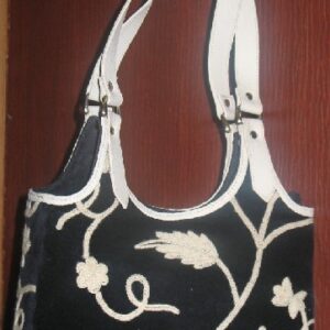 Crewel Handbag Floral Vine Black Cotton Velvet