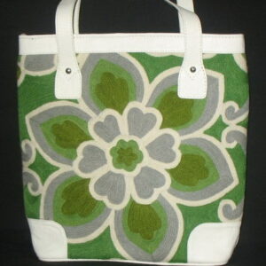 Crewel Lotus Flower Green and White Tote