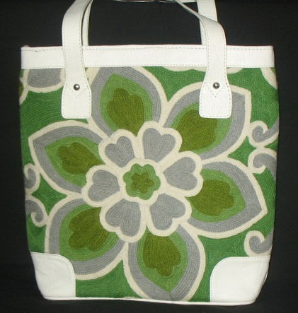 Crewel Lotus Flower Green and White Tote