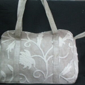 Crewel Handbag Tech White on Natural Brown Linen