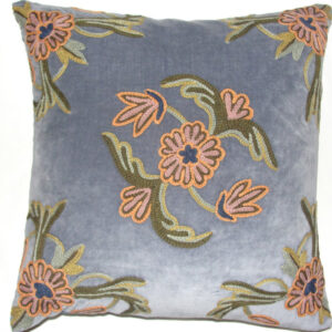 Crewel Pillow Alyssum Blissful Blue Cotton Velvet 16×16