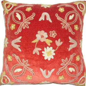 Crewel Pillow Art Nouveau Red Cotton Velvet (16×16)