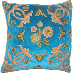 Crewel Pillow Art Nouveau Sea BLue Cotton Velvet