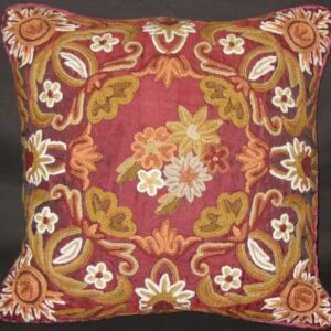 Crewel Pillow Art Nouveau Red Silk Organza 16×16