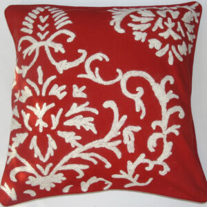 Crewel Pillow Barreoir White on Exotic Red Cotton