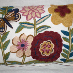 Crewel Pillow Butterfly n Blooms Multi Color on Off White Cotton