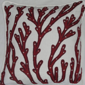 Crewel Pillow Corals in Red on White Cotton Duck