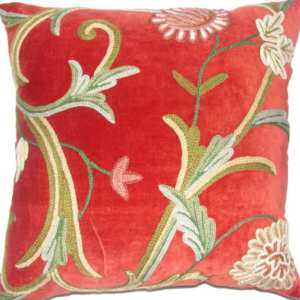 Crewel Pillow Curve Deep Red Cotton Velvet-16×16