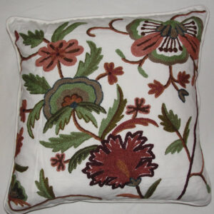 Crewel Pillow Dahiana Forest Colors on Offwhite Cotton Duck