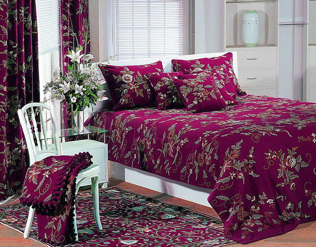 Crewel Pillow Euro Sham Random FlowersPlum Cotton Duck