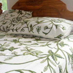 Crewel Pillow Euro Sham Leaves Green on White Cotton Duck
