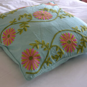 Crewel Pillow Euro Sham Sunflower Vine Aqua Cotton Duck26x26