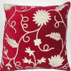 Crewel Pillow Floral Vine White on Red Cotton Velvet