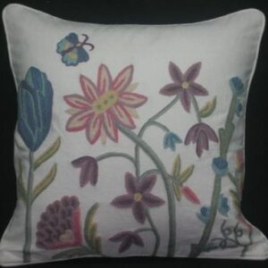 Crewel Pillow Floral Vine Butterfly L. Off White Cotton