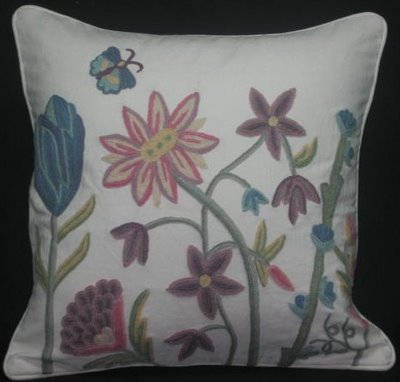 Crewel Pillow Floral Vine Butterfly L. Off White Cotton