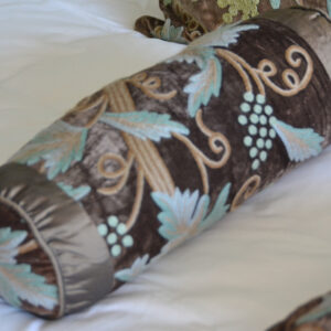 Crewel Pillow Grapevine Deep Olive Cotton Viscose Velvet Neck Roll