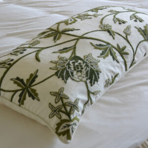 Crewel Pillow King Shams Leaves Green on White Cotton Duck20x36