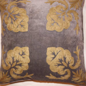 Crewel Pillow Konark Squared Tan on Dark Grey Cotton Velvet