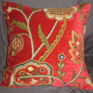 Crewel Pillow Lotus Passionate Red Cotton Velvet