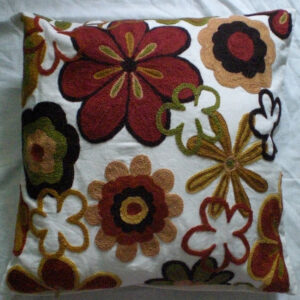 Crewel Pillow Marrie Forest Colors on Off White Cotton Duck