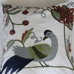 Crewel Pillow Peacock White Cotton Duck