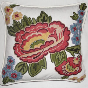 Crewel Pillow Pinnata Red on White cotton duck