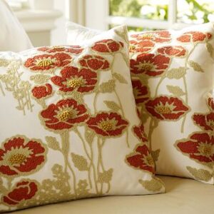 Crewel Pillow Poppy Off White Cotton Duck