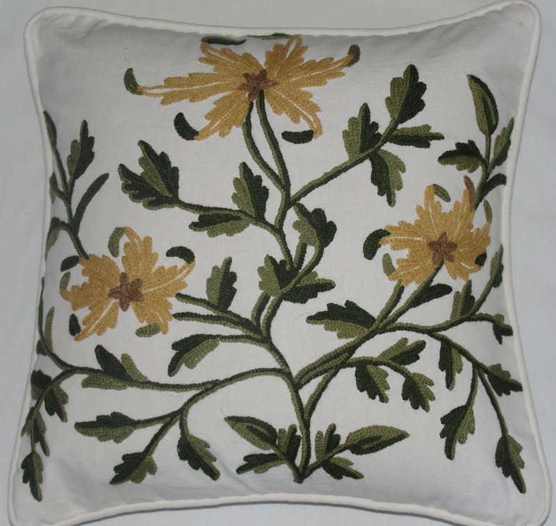 Crewel Pillow Prairie Yellow lode on White cotton duck